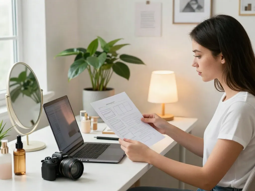 Woman reviewing Alternatives to QOVES beauty report in a bright home office.