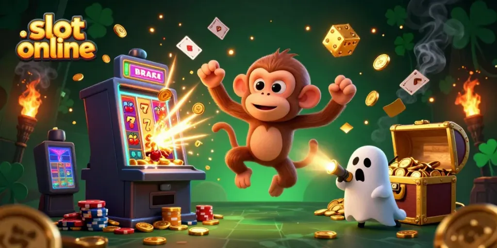 Engaging scene of slot online gaming with a playful monkey ghost and puppy in a dynamic casino setting.