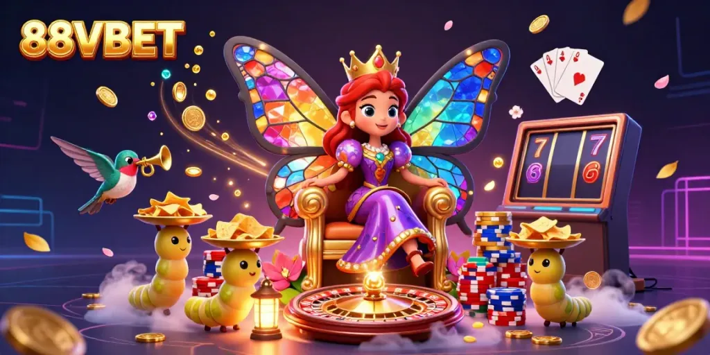 Engage with 88VBET through dynamic gameplay featuring a butterfly queen surrounded by colorful casino elements.