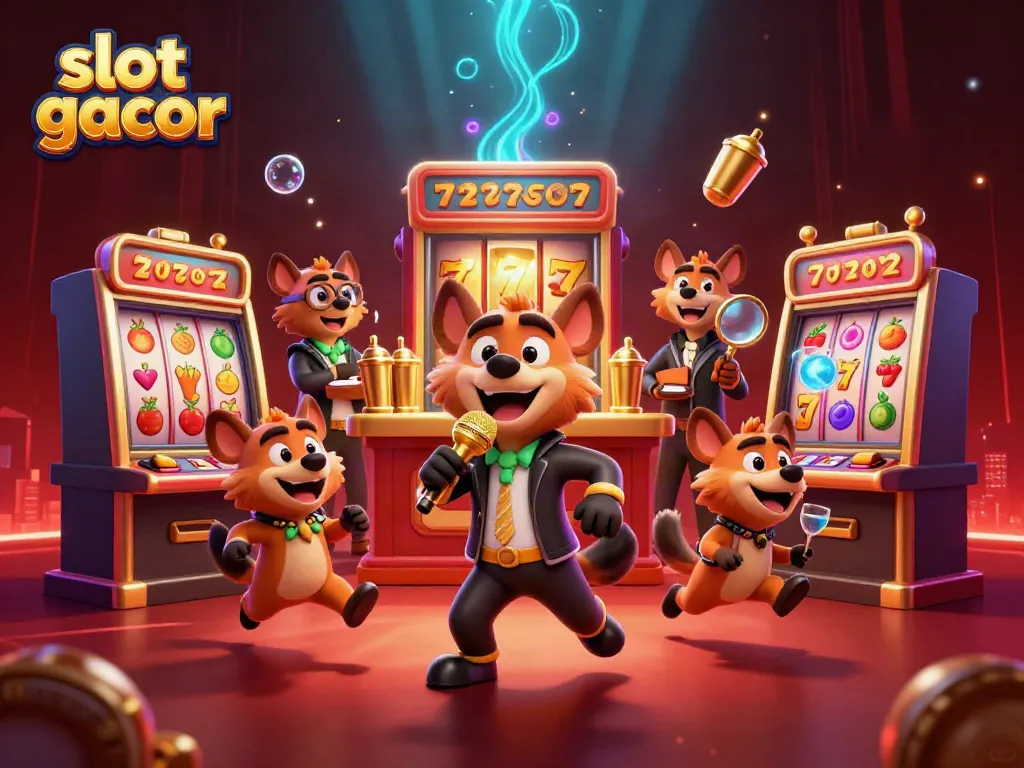 Experience the excitement of slot gacor in this vibrant 3D casino illustration featuring hyenas in dynamic roles.