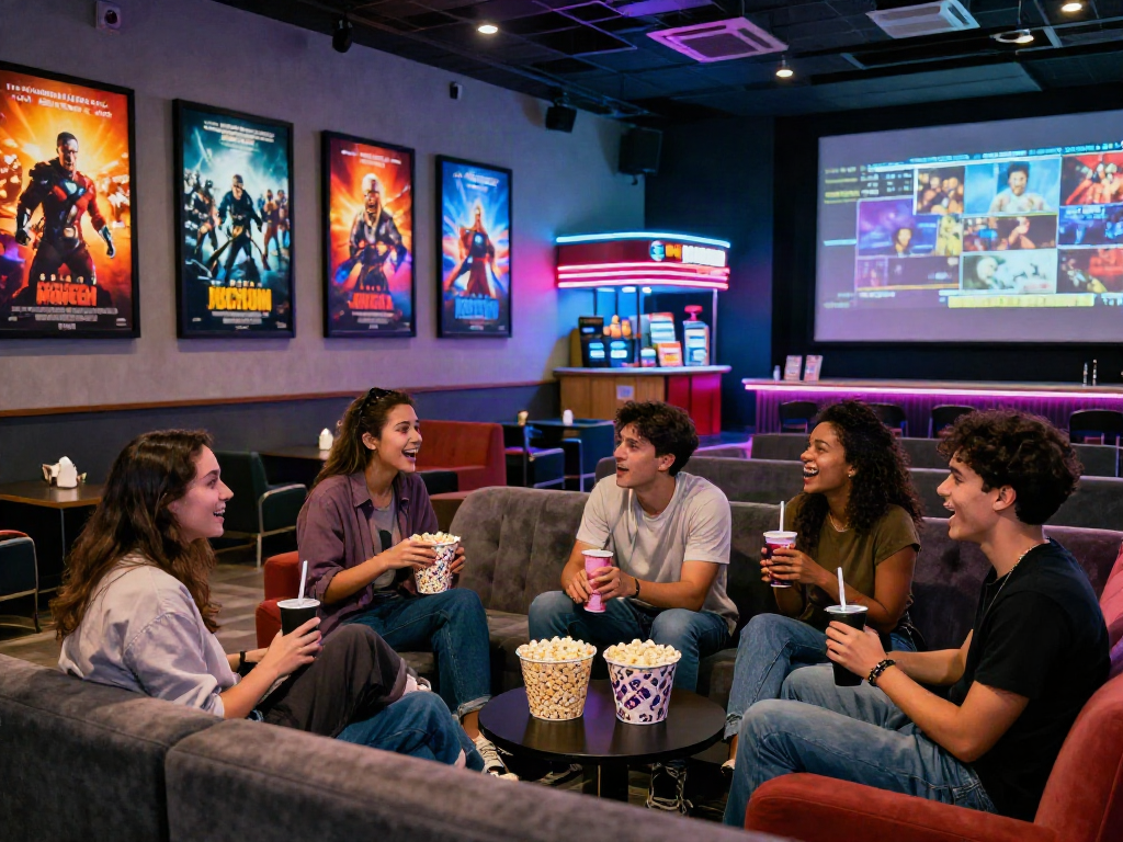 Friends discussing films at a cinema lobby, highlighting the excitement of filmyzilla.