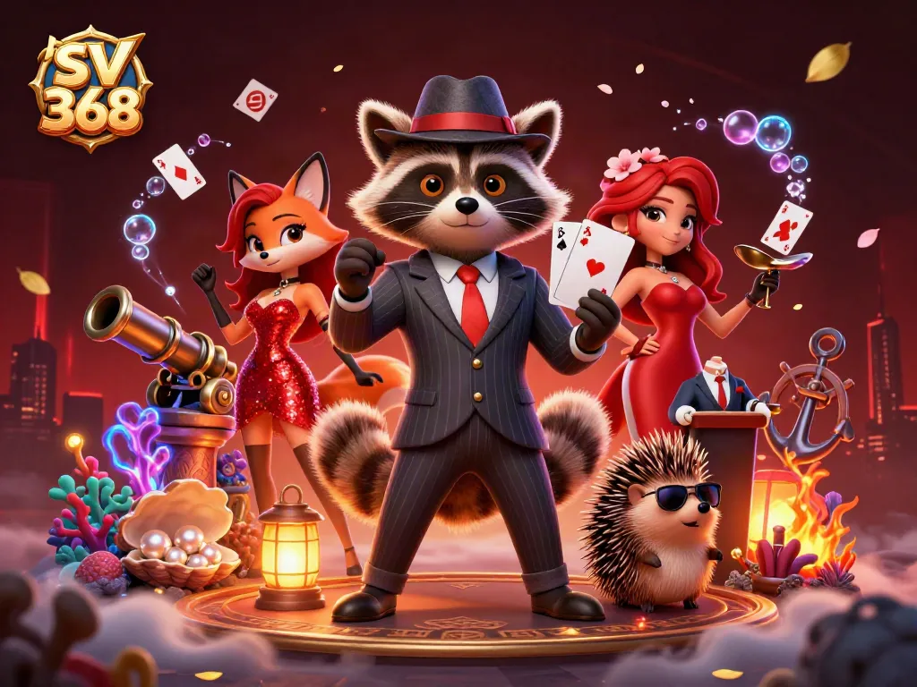 Experience intense action at sv 368: a colorful illustration featuring a suave raccoon, fox lady, and hedgehog bouncer in a lively gambling scene.