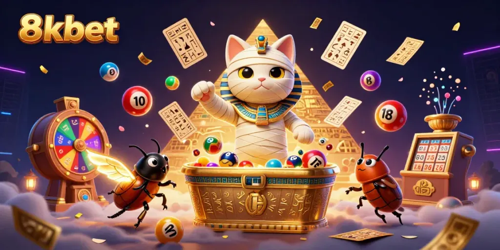 Experience thrilling gameplay at 8xbet with a vibrant casino scene featuring a mummy cat and winning elements.