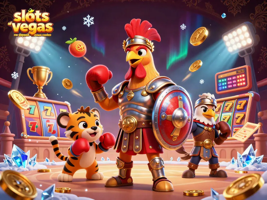 Engage with slots of vegas no deposit bonus codes in this vibrant 3D illustration showcasing slots, characters, and dynamic gambling elements.