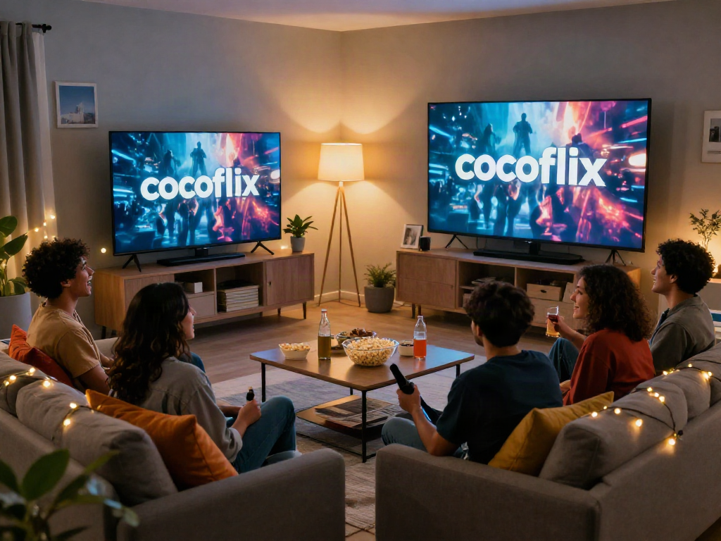 Cocoflix movie night with friends in a cozy living room, displaying laughter, snacks, and the cocoflix logo.