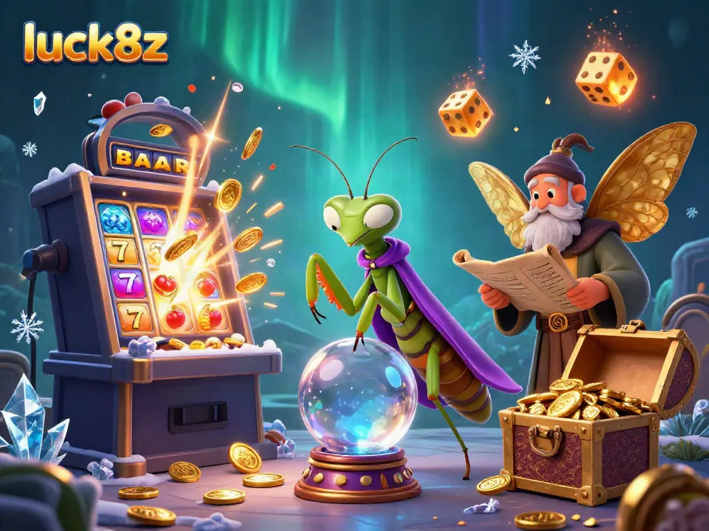 Experience luck8z with a mystical fortune teller and jackpot symbols in a vibrant casino scene.