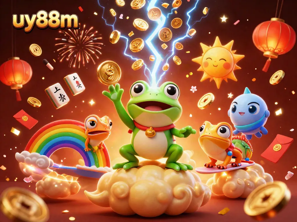 Engaging uy88m promotional illustration showing a cartoon wizard frog and chameleon amid a vibrant casino theme.