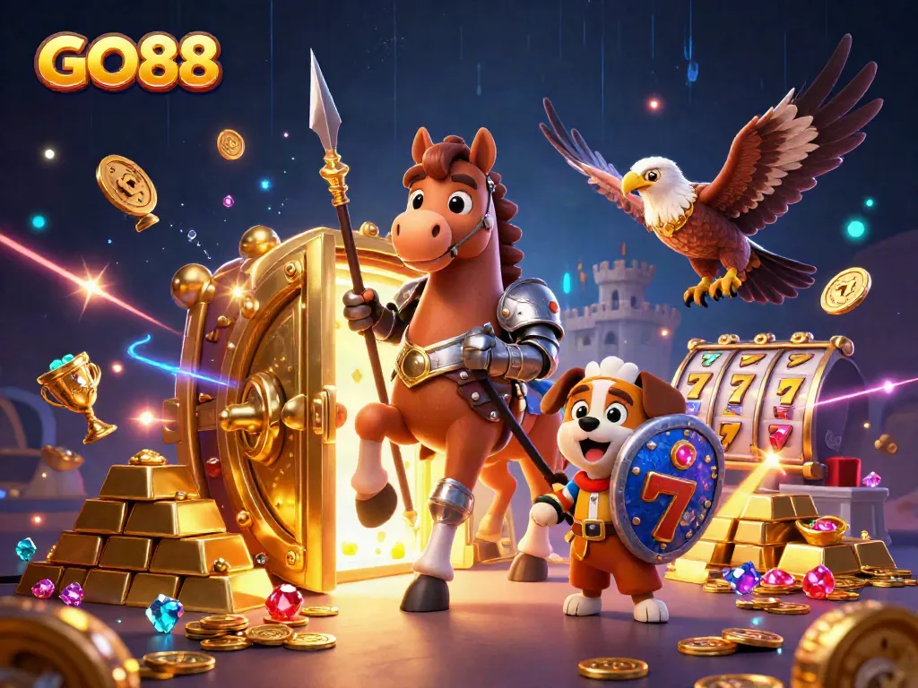 Experience excitement with GO88's dynamic gaming scene featuring treasures and characters.