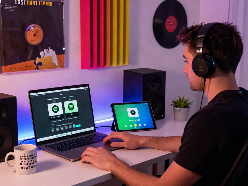 Engaging scene of a music enthusiast testing spotify mod on tablet with a modern setup.