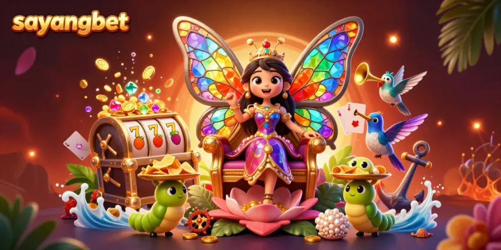 Experience thrilling gameplay with sayangbet as a vibrant 3D butterfly queen surrounded by casino elements.