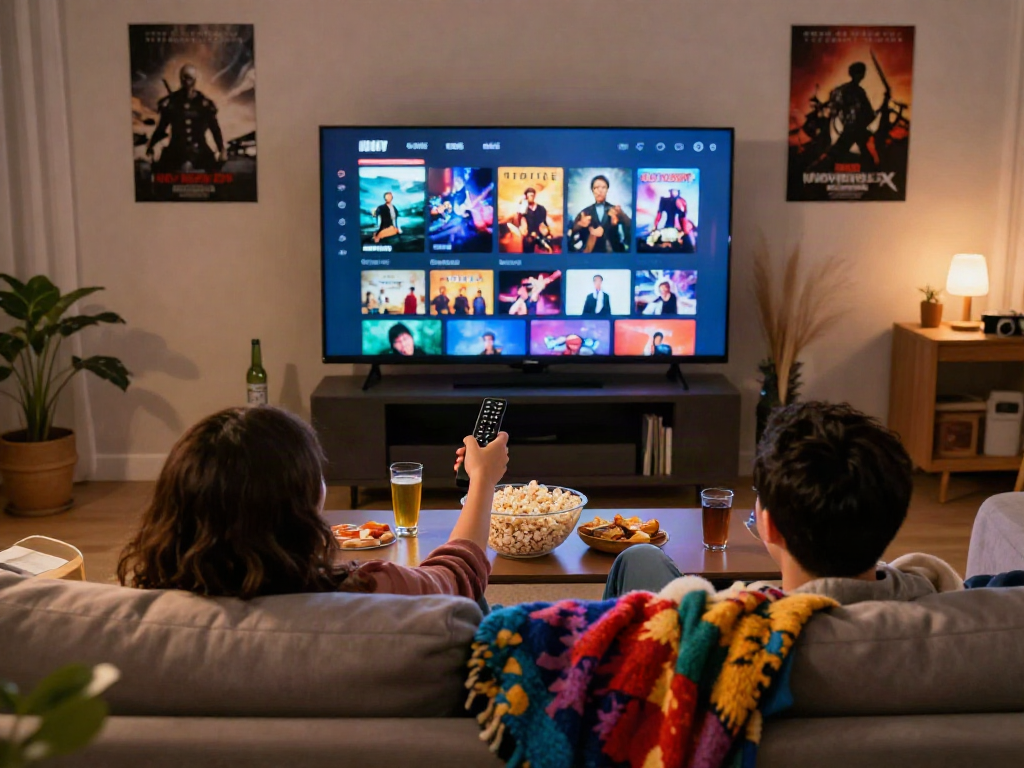 Enjoying Moviebox in a cozy living room setting, surrounded by snacks and vibrant movie selections.