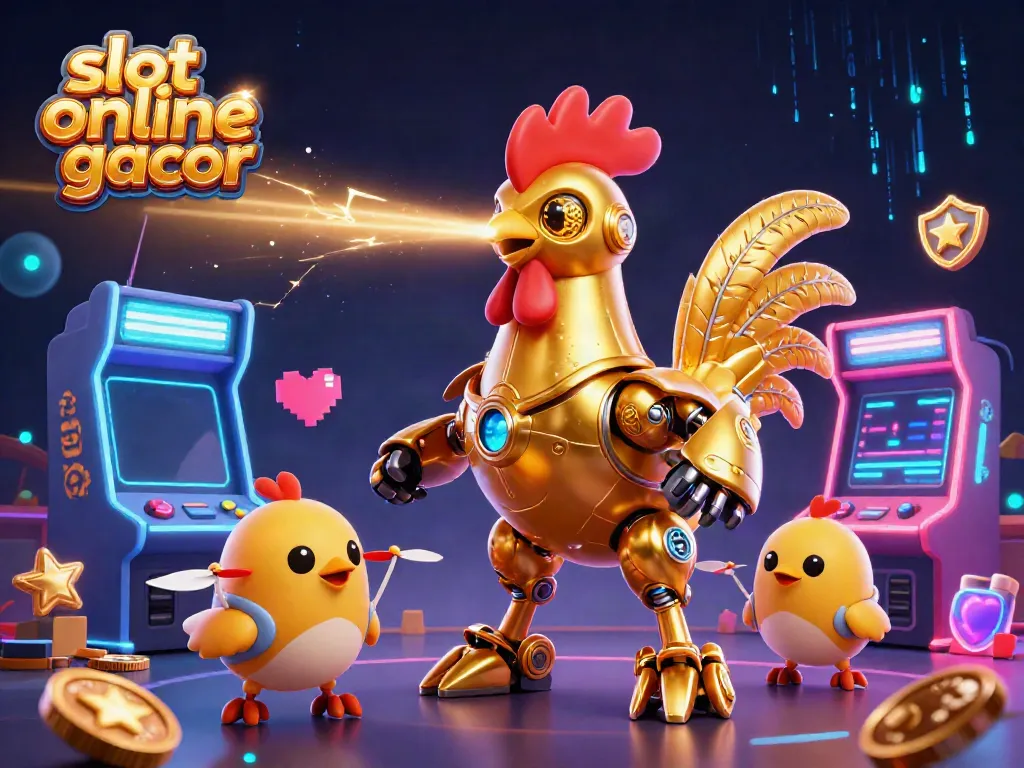 Menangkan slot online gacor dengan ilustrasi robot ayam emas dan permainan arcade berwarna-warni.