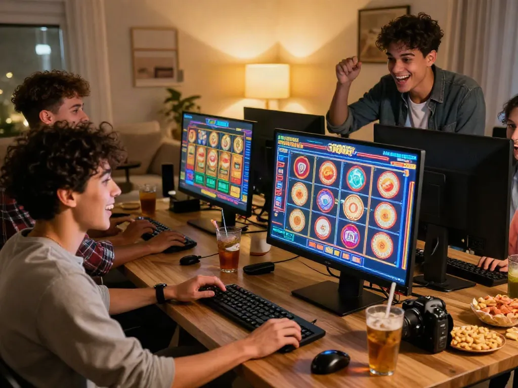 Group enjoying a fun slot gaming session at home with engaging visuals.