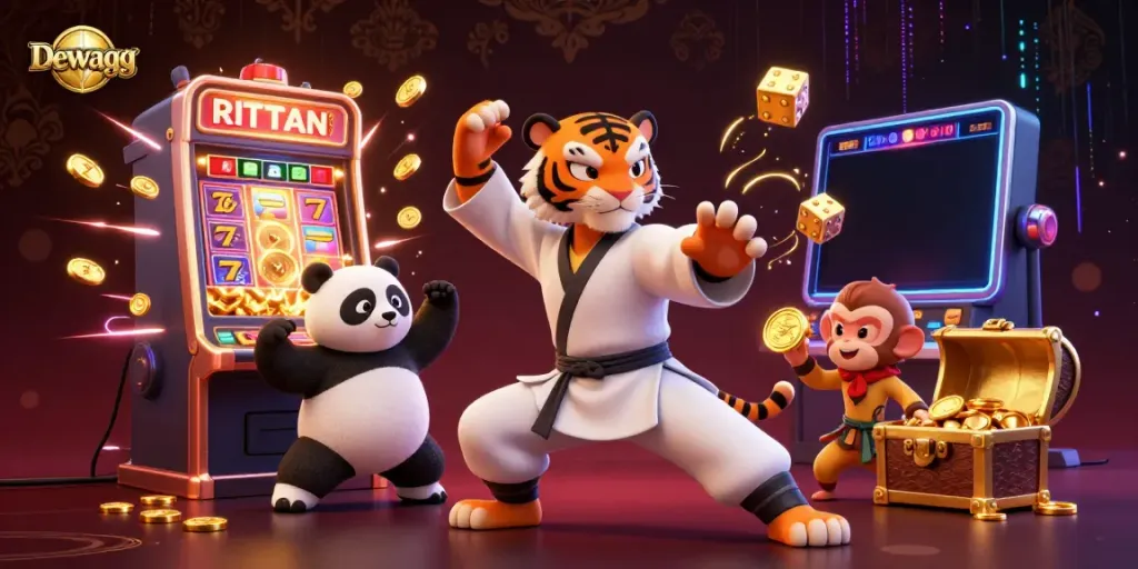 Dewagg showcases fun with a 3D tiger master, slot machine, and casino games in a vibrant illustration.