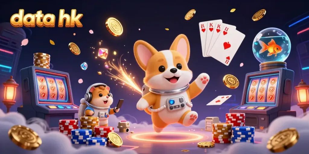 Permainan data hk dengan corgi astronaut, hamster, dan ikan emas mengapung dalam kasino luar angkasa.