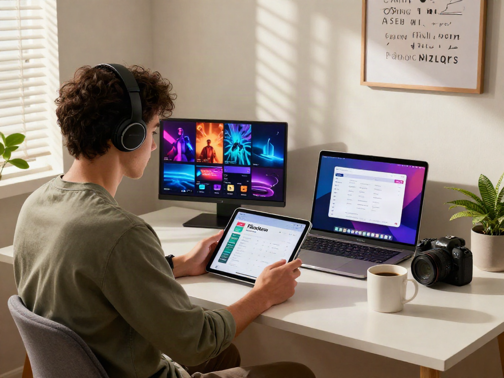 Pikashow app in use by a tech-savvy individual at a modern home office.