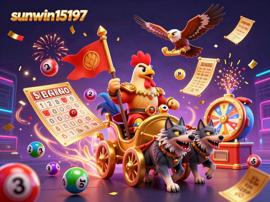 Experience the excitement of sunwin15197 with a cartoon rooster warlord, golden chariot, and vibrant lottery elements.