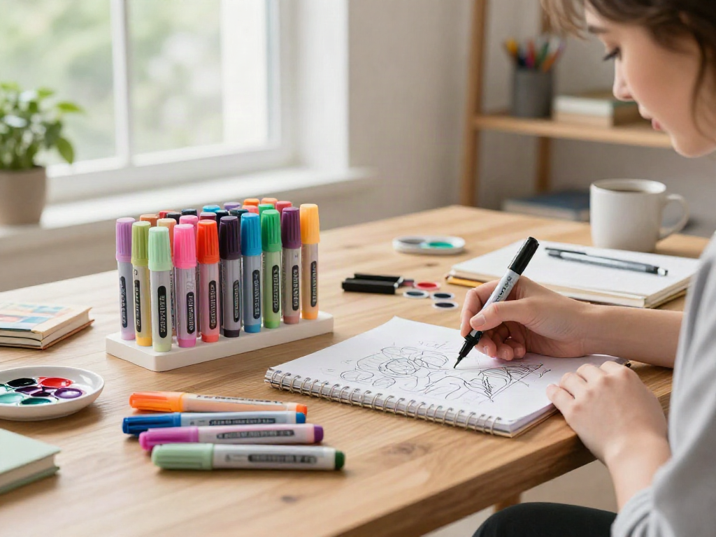 Highlighter pen supplier showcasing vibrant highlighters and a creative workspace.