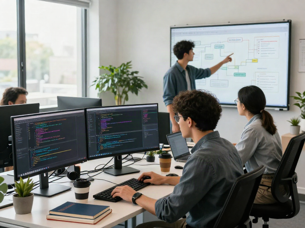 Developers collaborating on a sex bot project in a vibrant tech office environment.