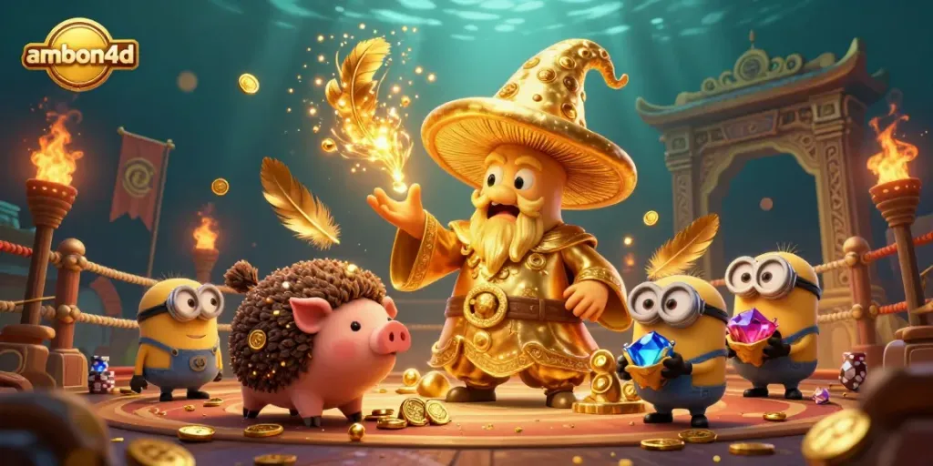 Experience the magic of ambon4d with a cartoon wizard and treasure in an enchanting casino setting.