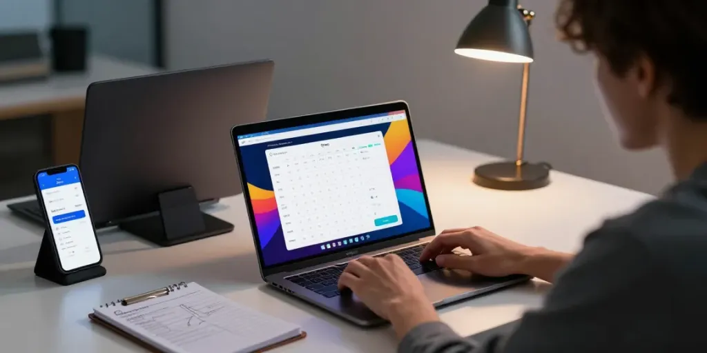 Pengguna togel online berinteraksi dengan aplikasi di laptop dan smartphone, menciptakan suasana taruhan yang penuh semangat.
