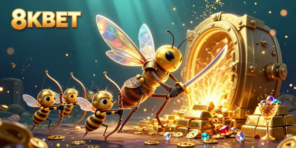 Engage with 8KBET's vibrant 3D illustration showcasing a golden hornet and treasures in a dynamic casino scene.