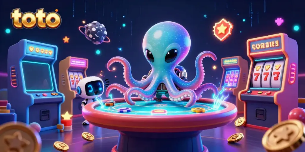 Engaging alien octopus dealing at a dazzling poker table with asteroid poker chips in a casino setting.