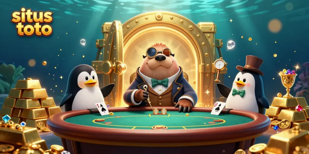 Experience the excitement of situs toto with a colorful underwater poker scene featuring a walrus, penguin dealer, and pufferfish player.