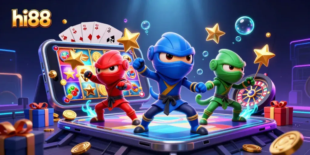 Spin the reels with hi88's exciting casino action featuring colorful ninja chameleons!