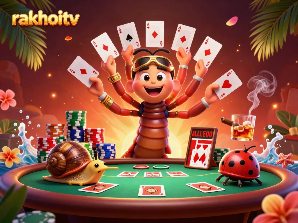 Experience thrilling gaming at rakhoitv with a vibrant scene featuring a colorful millipede dealer and exciting poker elements.