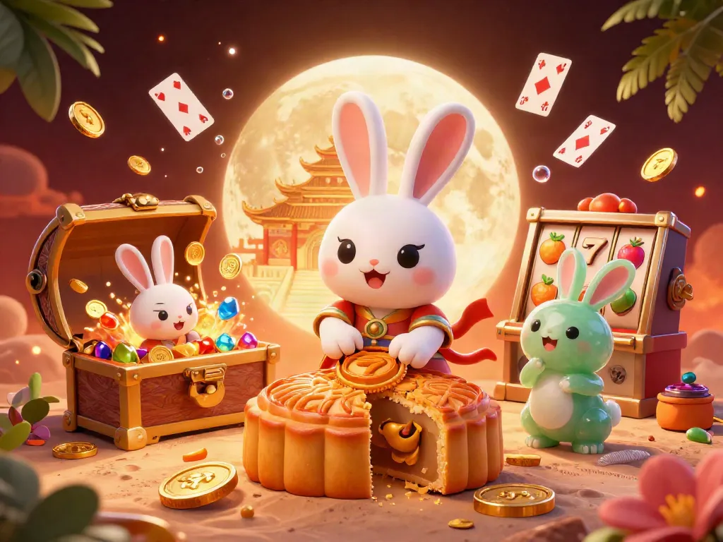 Experience thrilling gameplay on MPO08 with an enchanting rabbit duo enjoying casino elements.