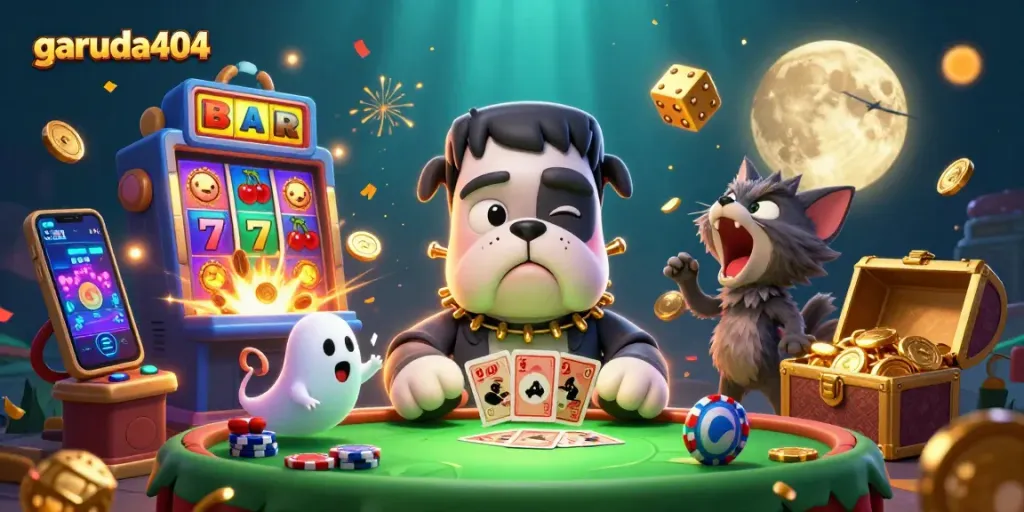 Engage in exciting gameplay at garuda404 with a thrilling 3D scene featuring colorful slot machines and unique characters.
