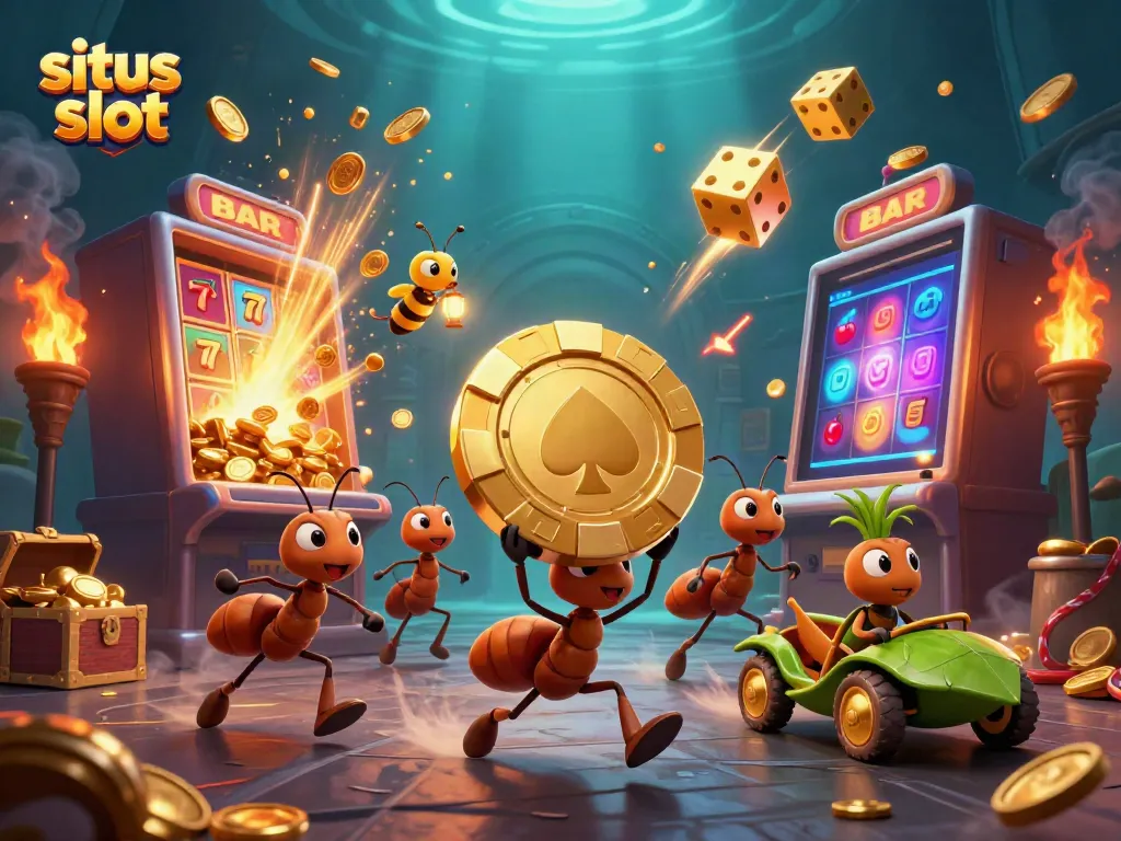 Engaging cartoon scene of ants and a grasshopper on a thrilling situs slot heist adventure.