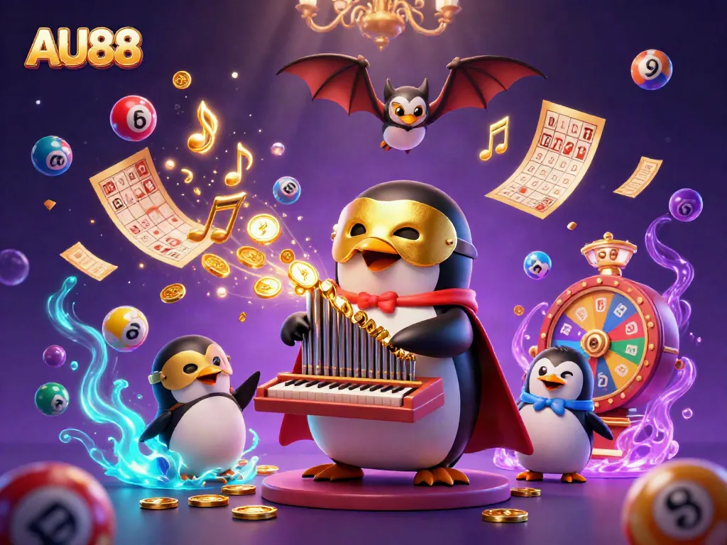 Experience the magic of AU88 as a penguin plays golden coins from a pipe organ amidst dynamic lottery elements.