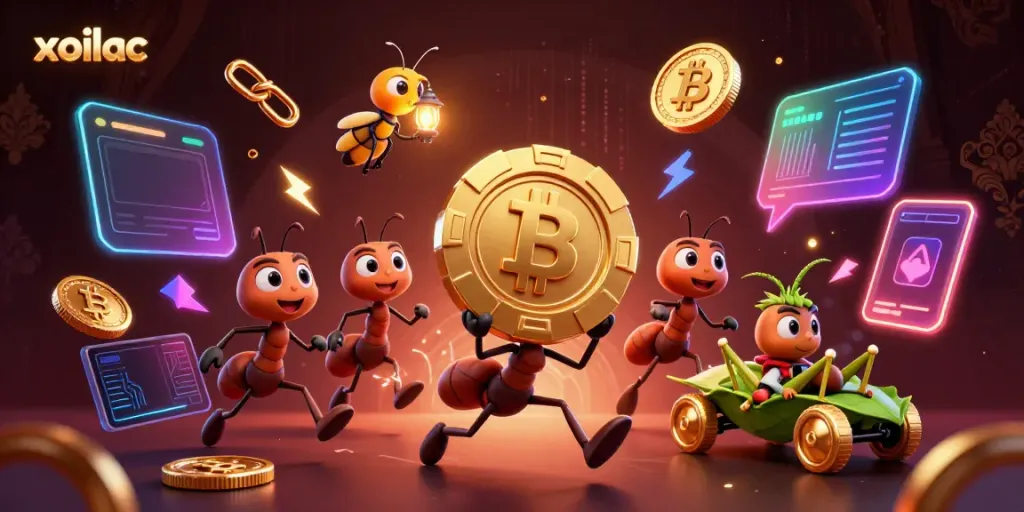 Engage in thrilling football heists with xoilac's vibrant gaming illustration featuring ants and crypto coins.