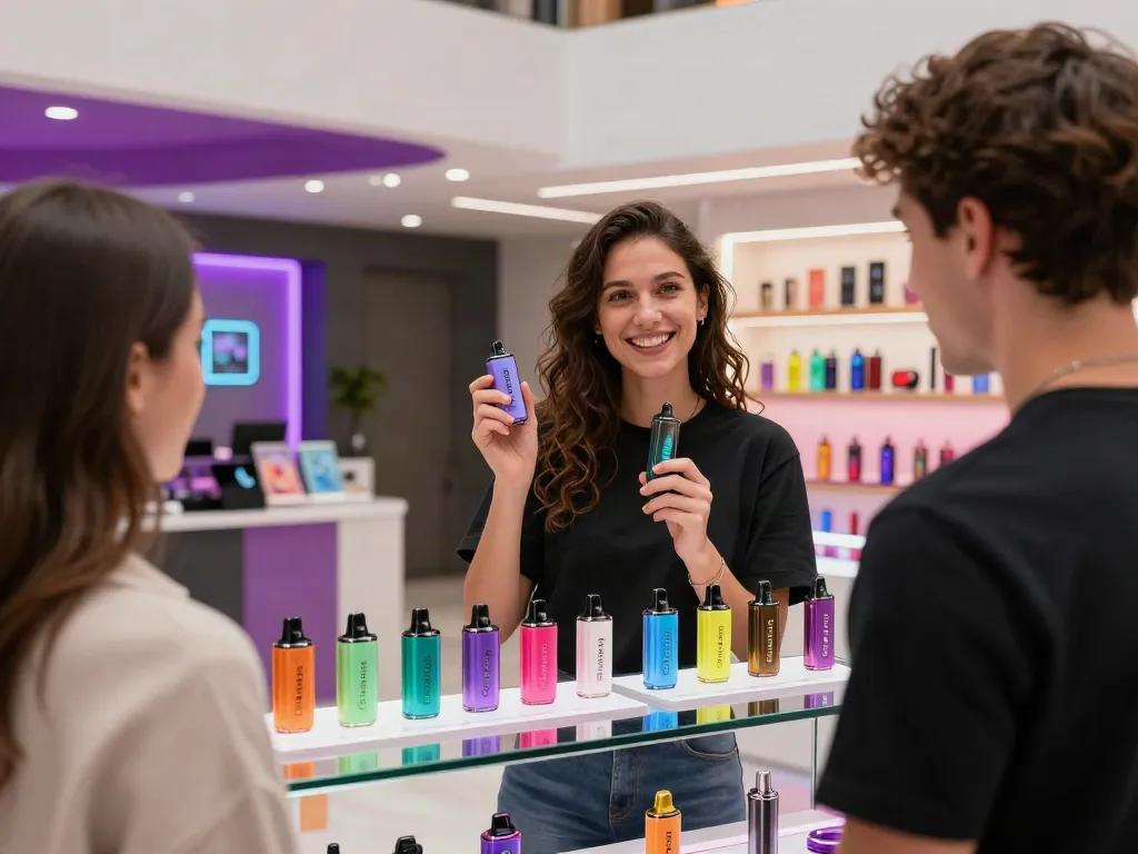 Flum disposable vapes on display in a vibrant vape shop, highlighting variety and modern shopping experience.