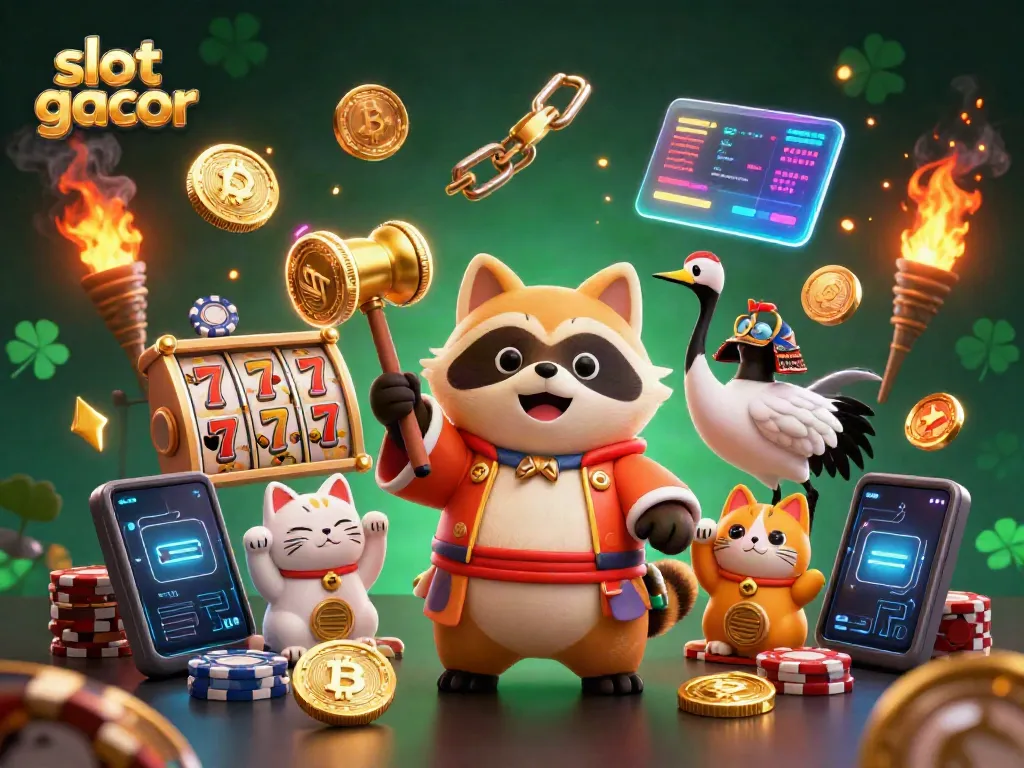 Engage with slot gacor action featuring cheerful tanuki and friends among vibrant gaming elements.