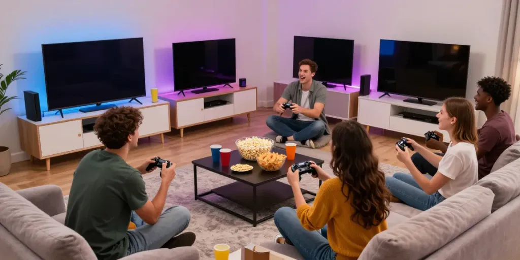 Suasana permainan multiplayer dengan teman-teman bermain di rumah, menciptakan pengalaman dewitogel login alternatif yang seru.