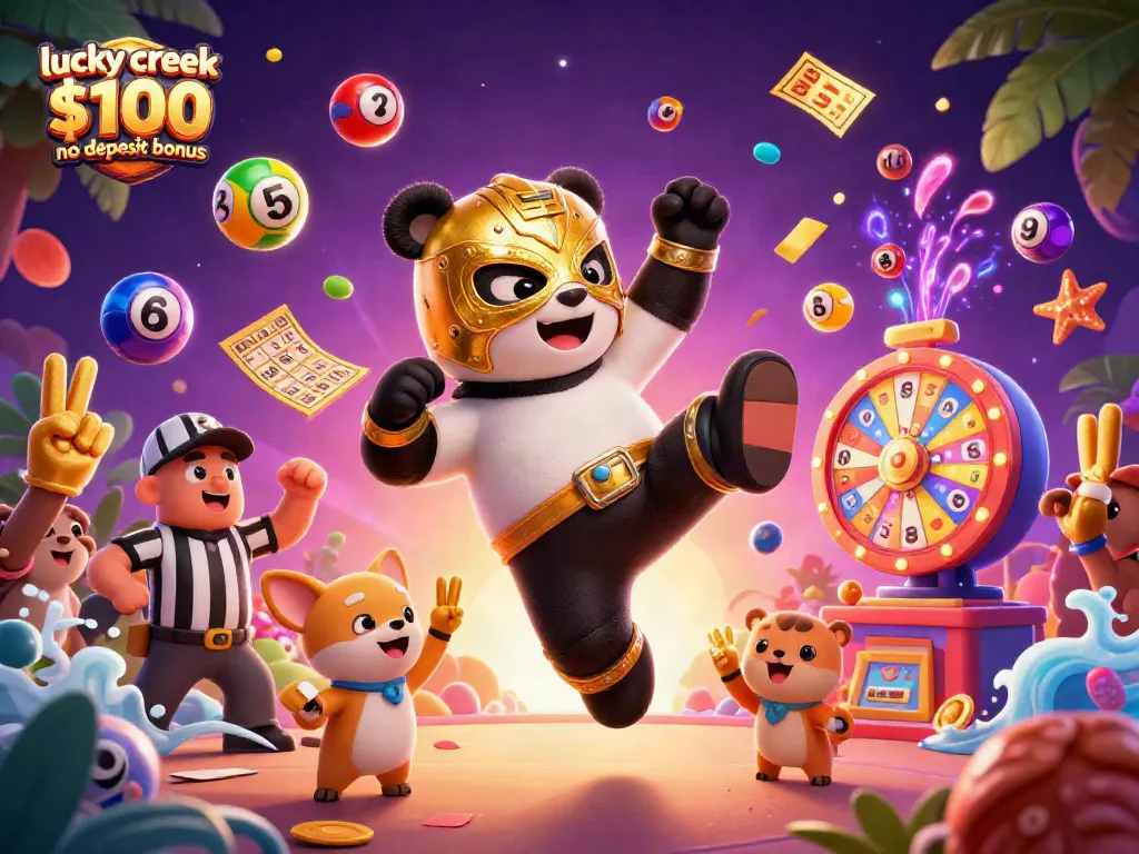Experience the excitement of lucky creek $100 no deposit bonus with vibrant gaming action in a dynamic illustration.