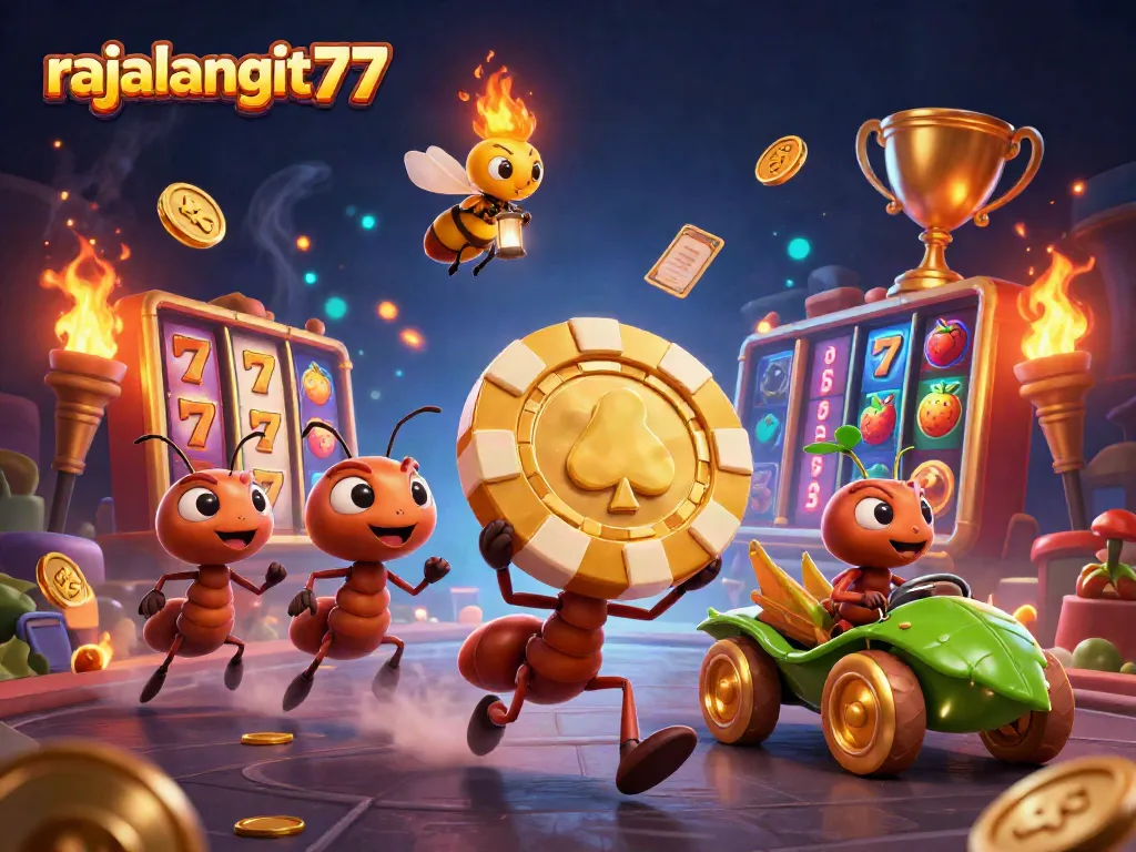 Celebrate wins with rajalangit77 featuring a heist scene of ants, poker chips, and thrilling casino elements.