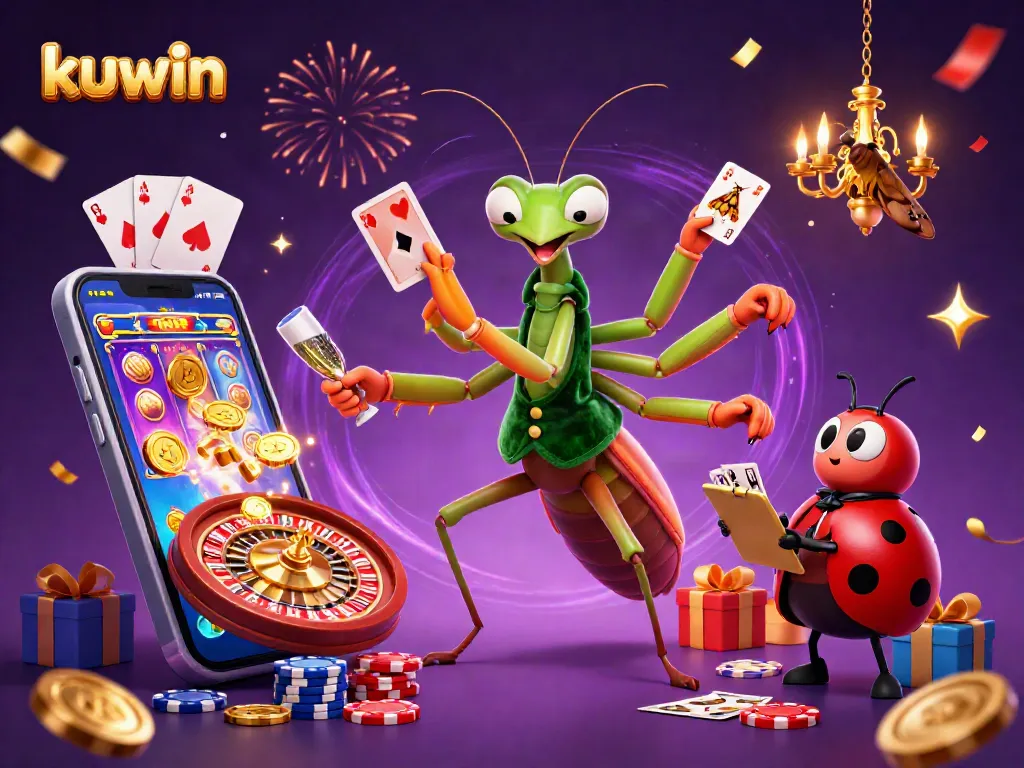 Kuwin's vibrant casino scene showcases a praying mantis card sharp juggling cards, chips, and champagne.
