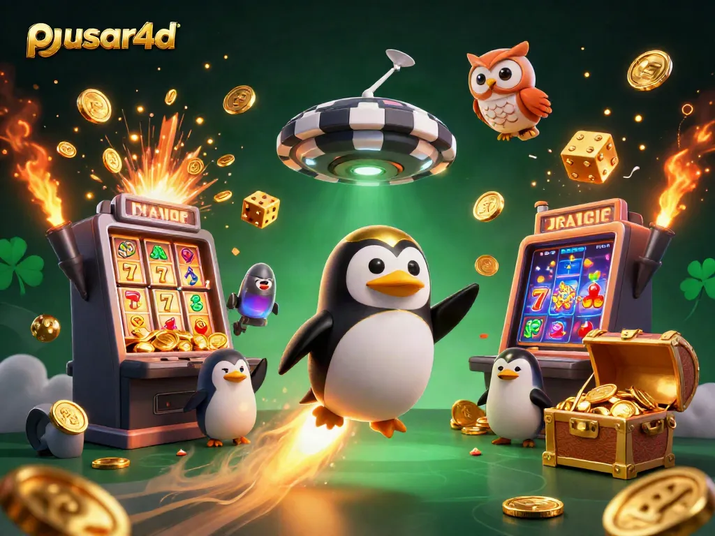 Experience the excitement of pusar4d with a golden penguin and a jackpot explosion in a vibrant casino universe.