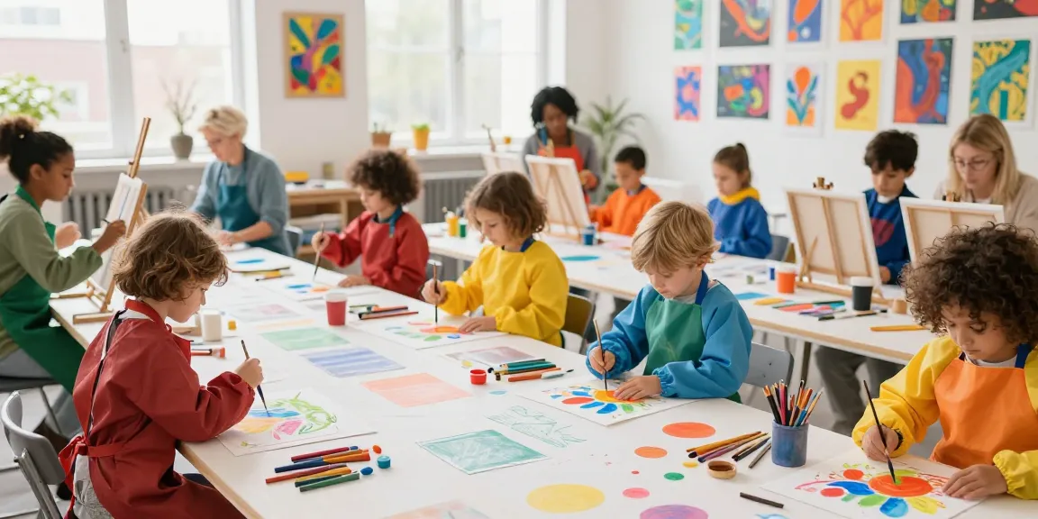Creative art studio scene featuring individuals engaging in coloring and painting activities, highlighting freecoloringsheets.net's community focus.