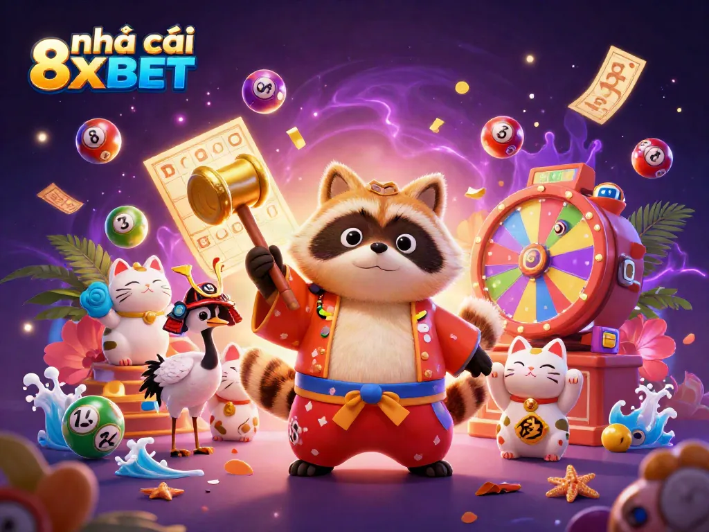 Experience the vibrant joy of gambling at nhà cái 8XBET with cheerful characters and dynamic casino elements.