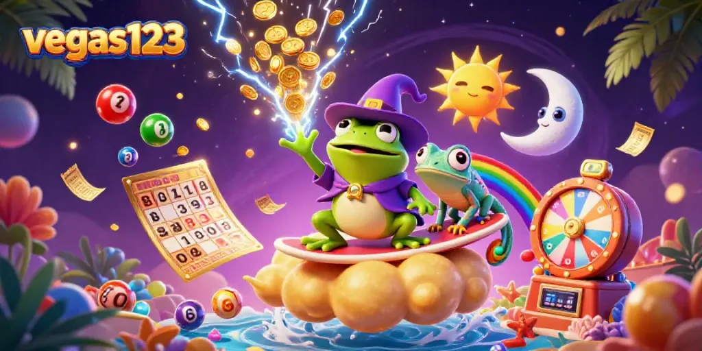 Pengalaman menarik di vegas123 dengan penyihir katak dan chameleon berwarna-warni dalam suasana kasino yang kaya.
