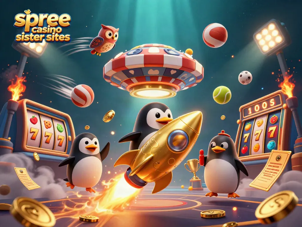 Engage in prizes from top spree casino sister sites with dynamic gambling elements surrounding a golden penguin.