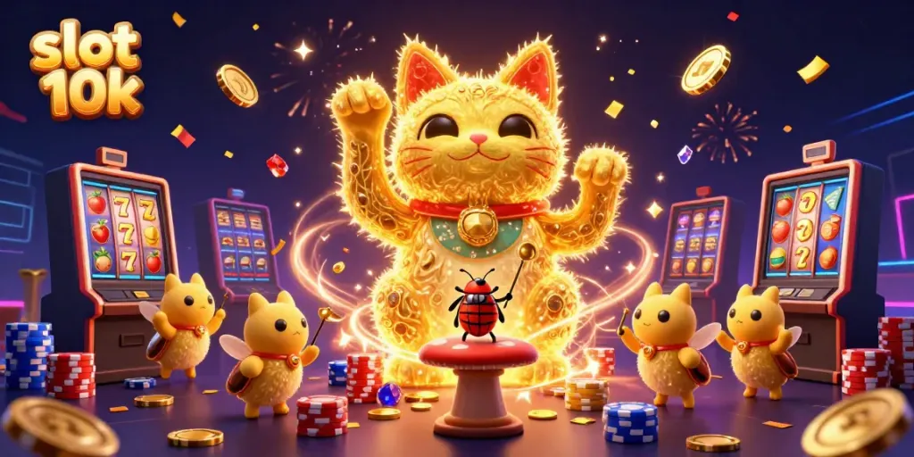 Win big in slot 10k with a lucky cat and vibrant casino-themed illustration