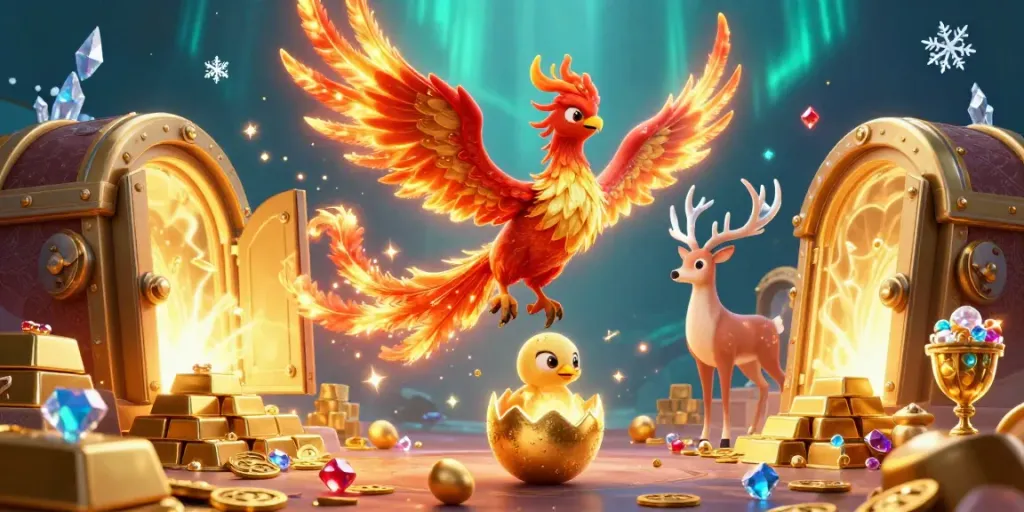 TATA4D showcases a vibrant scene with a phoenix, golden treasures, and a mystical stag, embodying online casino excitement.