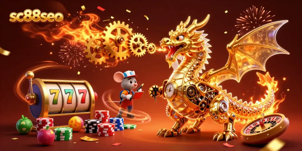 Experience exciting gaming at SC88SEO with dynamic slot reels, golden dragon, and festive elements.