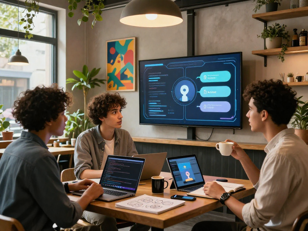 Engaging urban café scene showcasing a diverse group exploring AI chat NSFW technology through laptops and tablets.